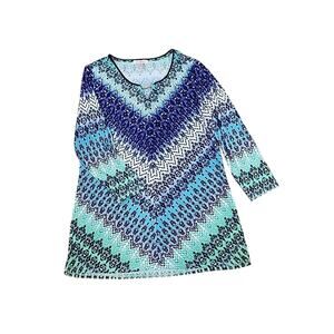 Roz & Ali Geometric Liquid Knit Top Women L Keyhole 3/4 Sleeve Cottagecore Artsy